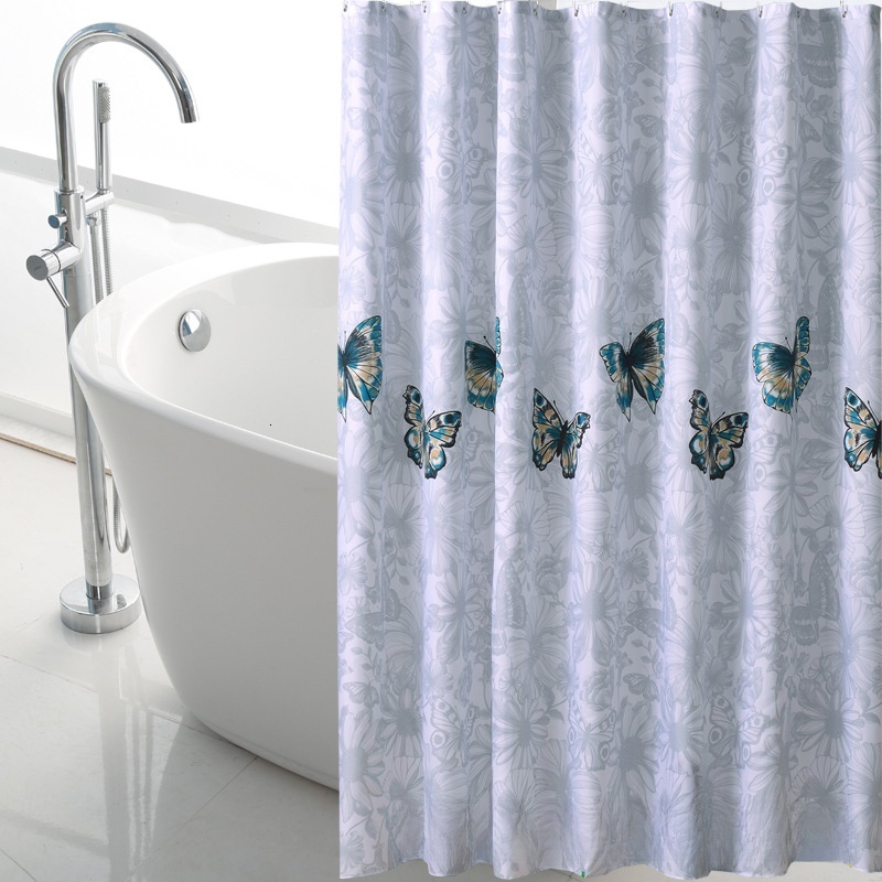 Shower Curtain Butterfly And Flower Print Background Thickened Polyester Fabric Waterproof Mildew Proof Bathroom Partition Hanging Curtain