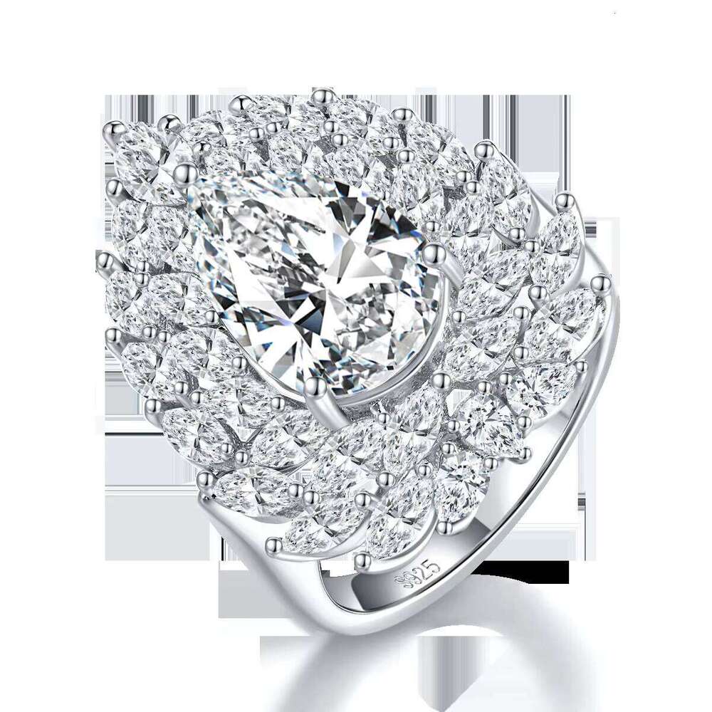 S925 Sterling Silver Platinum Plated Luxurious Exquisite GRA Certified Pear-Shaped Moissanite Women's Wedding Engagement Gift Ring 4.0 Carats