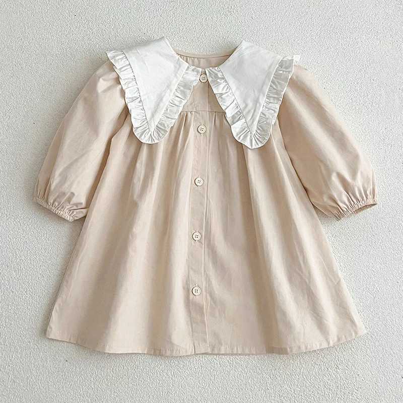 Spring Kids Baby Girls Long Sleeve Sweet Doll Collar Solid Color Princess Dress Autumn Baby Girls Dress Children Clothes Dress H260407