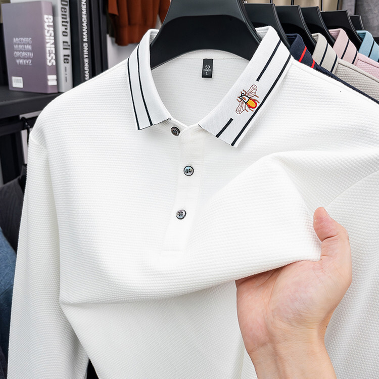 Luxury Designer Men's Long Sleeve Polo Shirt Premium Waffle Knit Bee Embroidery Collar High-end Business Casual Top Elegant Exclusive Craftsmansh