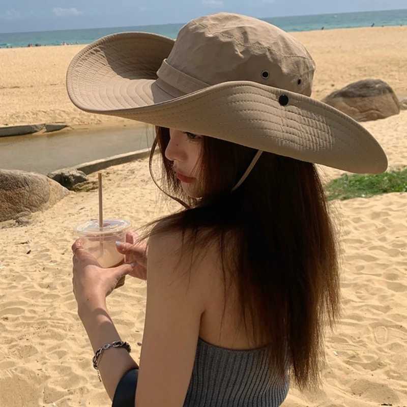 Summer Hiking Sun Hat for Women Men Outdoor Camping Fishing Anti-UV Bucket Hat Solid Color Panama Wide Brim Fisherman Cap H260407