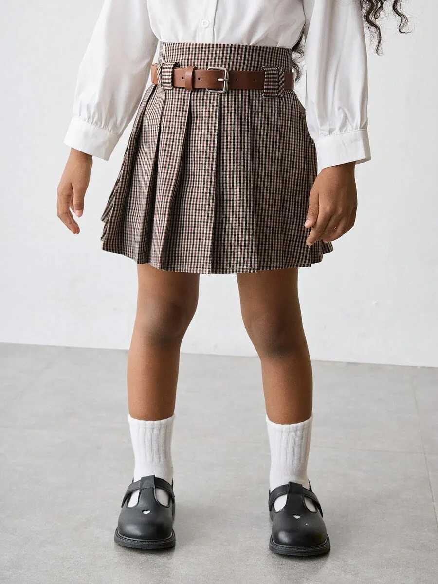 Girls Plaid Pleated Mini Skirt with Belt - Classic Checkered Design H260407
