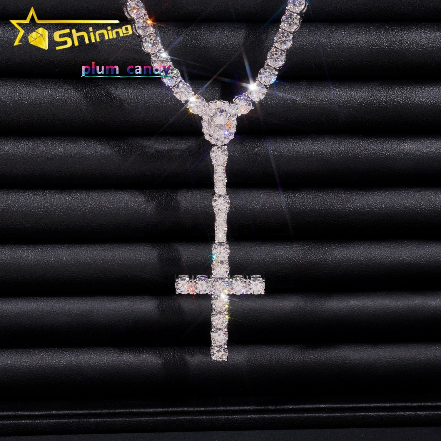 New Arrival Hot Sell Iced Out 5MM Width 925 Sterling Silver VVS Moissanite Rosary Cross Tennis Chain Necklace