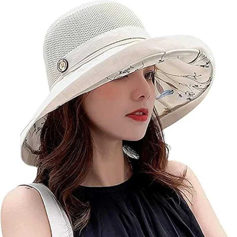 Breathable Summer UV Protection Wide Brim Women Sun Hat Foldable Beach Travel Mesh Bucket Hat Outdoor Gardening H260407