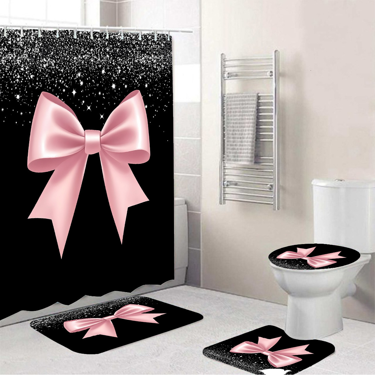 Shower Curtain Pink Bowknot Floral And Plant Pattern Black Background Bathroom Partition Curtain With Hooks