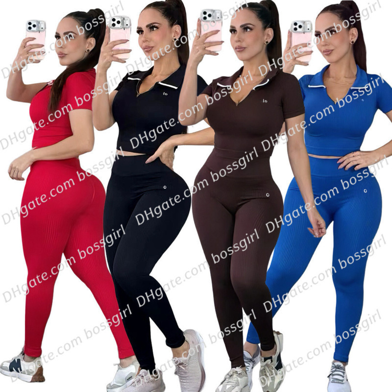 Womens Tracksuits Two Pieces Set Designer 2026 New Casual Sports Ribbed Tight Yoga Outfit With POLO Collar And Embroidery Two-Piece Outfits