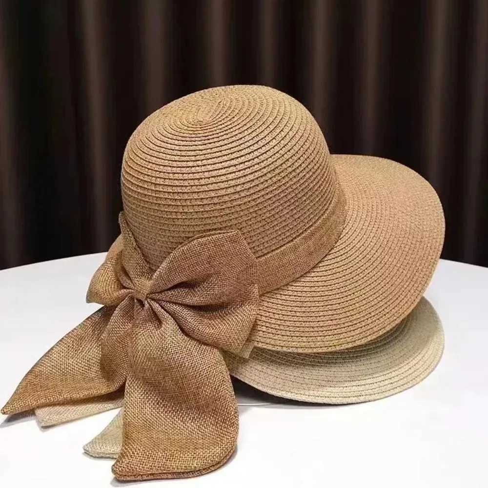 Korean Style Summer Sun Protection Woven WomenS Straw Hat Bow Tie Elegant Beach Hat Large Brim Sun Hat for Vacation Sun Hat H260407