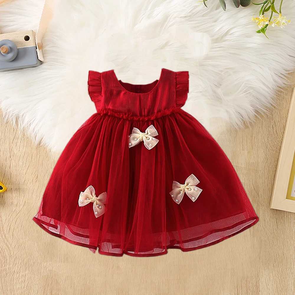 Baby Girl Dress Summer Girl Bow Pearl Mesh Princess Dress Cute Girls First Year Dress Birthday Party Dress Baby Girl Clothes H260407