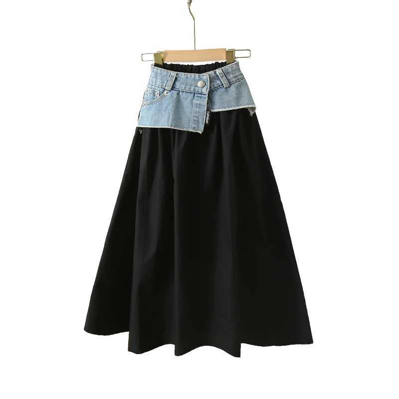 Korean Child Long Patchwork Denim Skirt For Teens Girls Elegant Summer Streetwear Clothing Kids High Waist A Line Black Skirt H260407