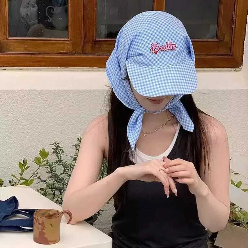 Womens Sunshade Hats Plaid Simple Sweet Personality Fashion Trendy Korean Style Versatile Headwears Outdoor Beach Head Scarfs H260407