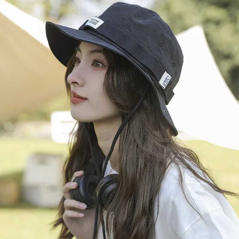 Womens sunscreen bucket hat Outdoor hiking sun hat Foldable hat Lanyard sun hat H260407