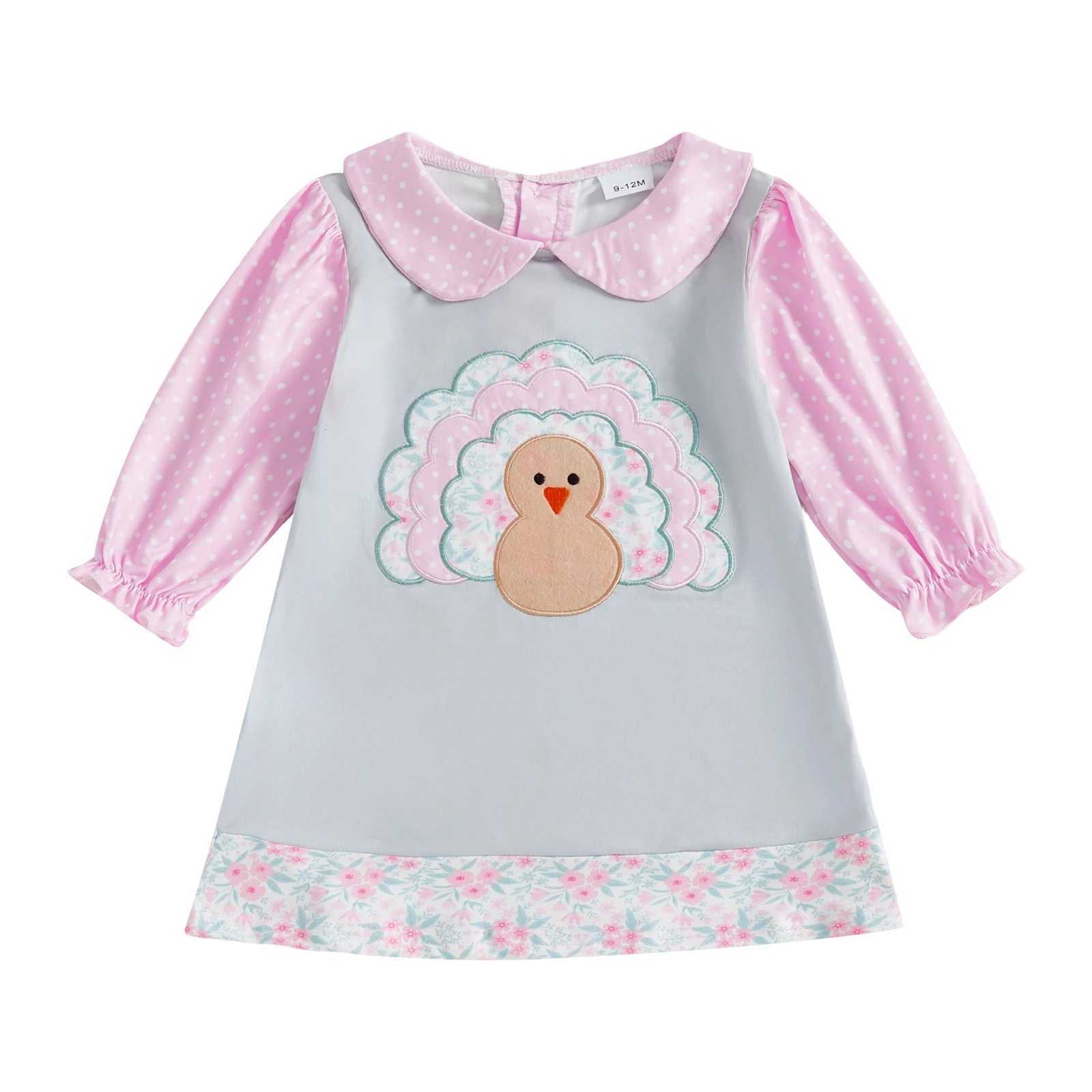 Adorable Infant Girl Fall Dress with Cute Turkey Embroidery and Lantern Sleeves for Thanksgiving Celebration H260407