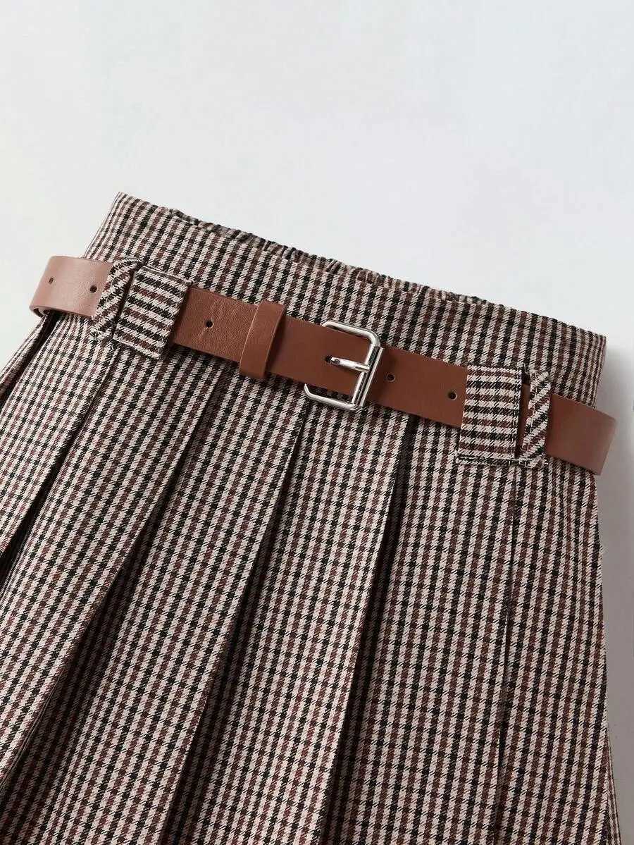 Girls Plaid Pleated Mini Skirt with Belt - Classic Checkered Design H260407