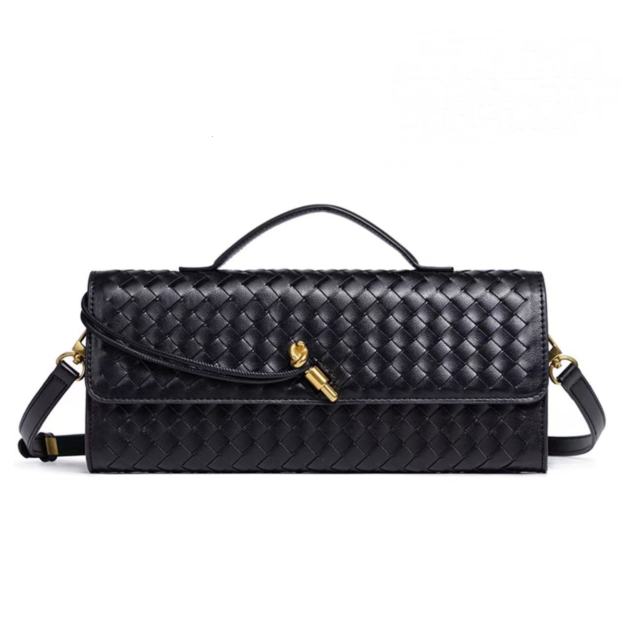 Women's Woven Leather Crossbody Clutch, Black Faux Leather 2-Way (Shoulder/Handle) Handbag, Spacious & Durable Daily Bag