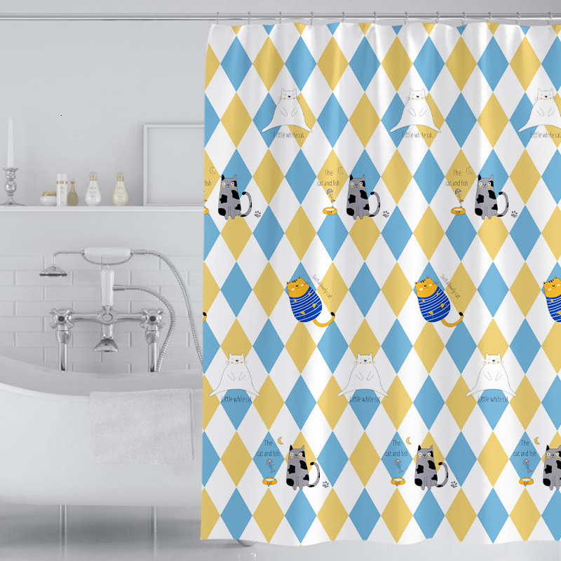 Shower Curtain Cute Cat Print Colorful Plaid Pattern Thickened Polyester Fabric Waterproof Bathroom Water Barrier Curtain