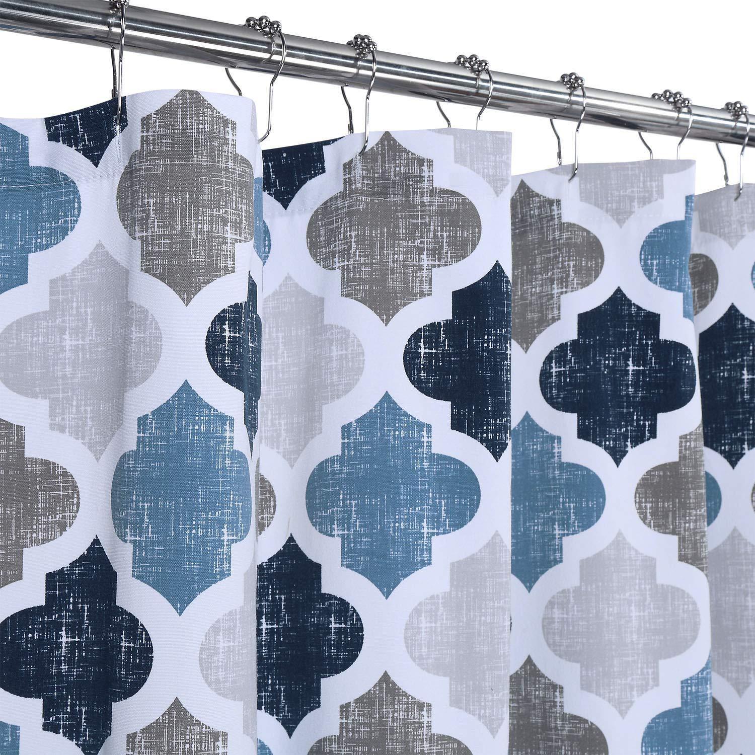 Shower Curtain Ocean Blue Gray Geometric Clover Pattern Modern Polyester Cotton Farmhouse Fabric Waterproof Bathroom Curtain