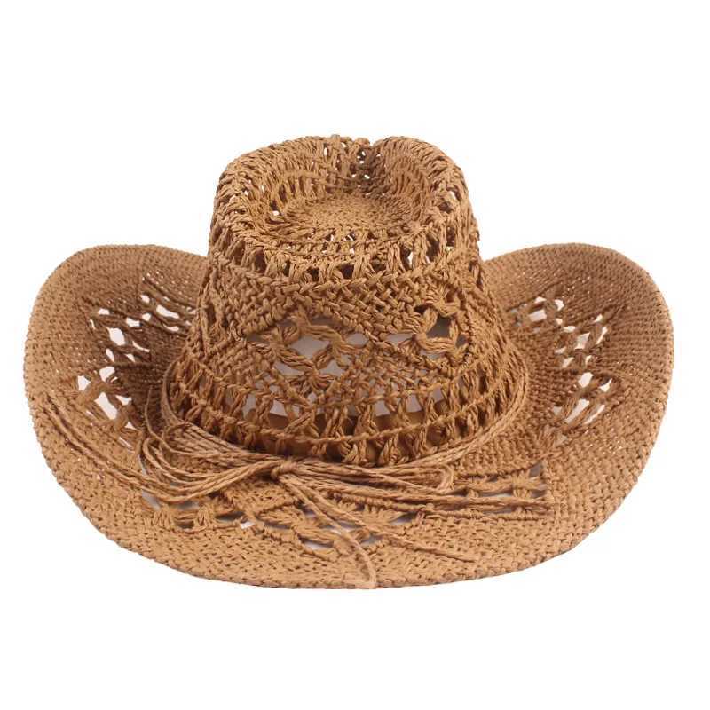 New Straw Hat for Women Men Summer Handmade Classic Vintage Hollow Out Western Curled Wide Brim Sun Hat Fishing Hat Climbing Cap H260407