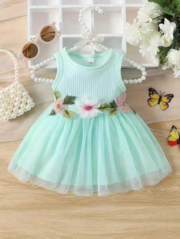 Soft Pink Knit Sleeveless Dress - 3D Flower Accent Tulle Skirt Girls Sweet Princess Outfit H260407