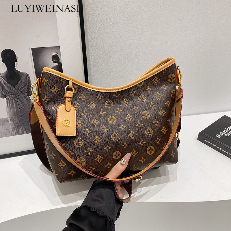 Vintage Monogram Print Hobo Crossbody Bag for Women - Premium PU Leather 3-Way Handbag, Retro Luxury Everyday Purse