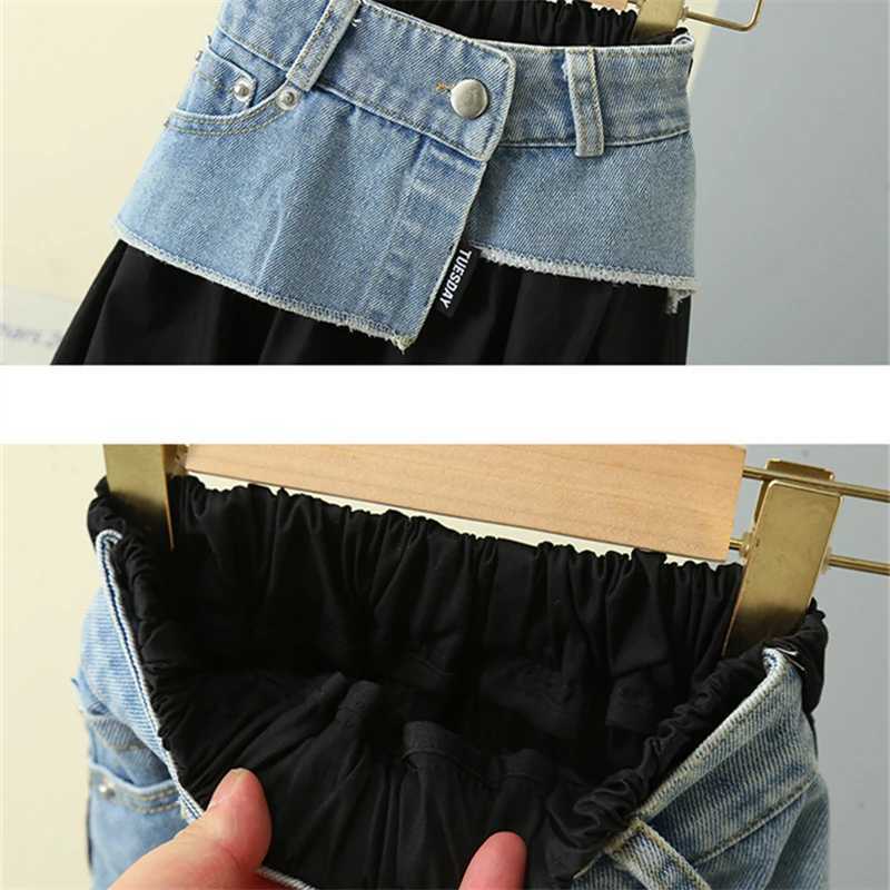 Korean Child Long Patchwork Denim Skirt For Teens Girls Elegant Summer Streetwear Clothing Kids High Waist A Line Black Skirt H260407