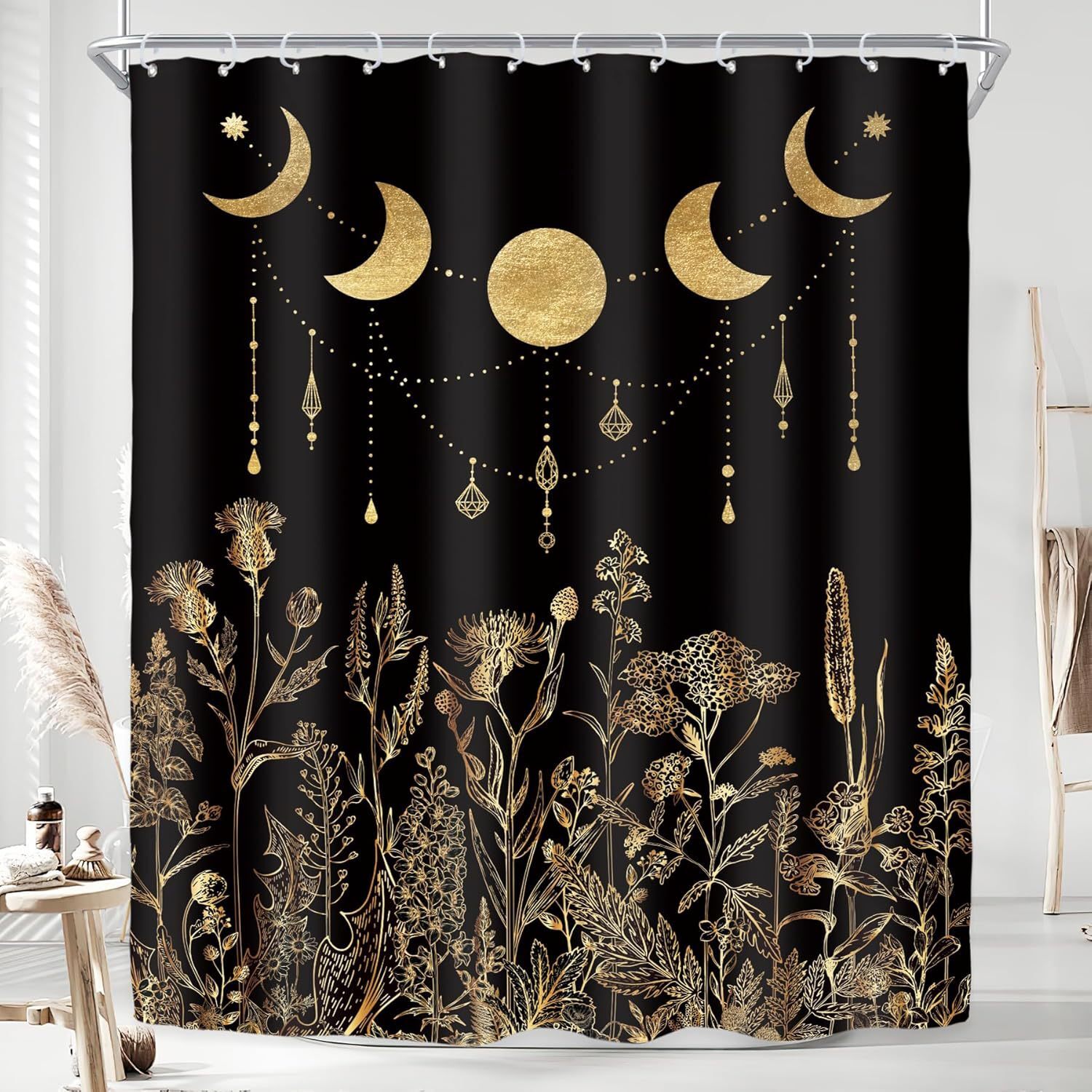 Bedroom Shower Curtain Simple Retro Plant Floral Pattern Black Gold Luxury Digital Printing Bathroom Partition Curtain With Hooks
