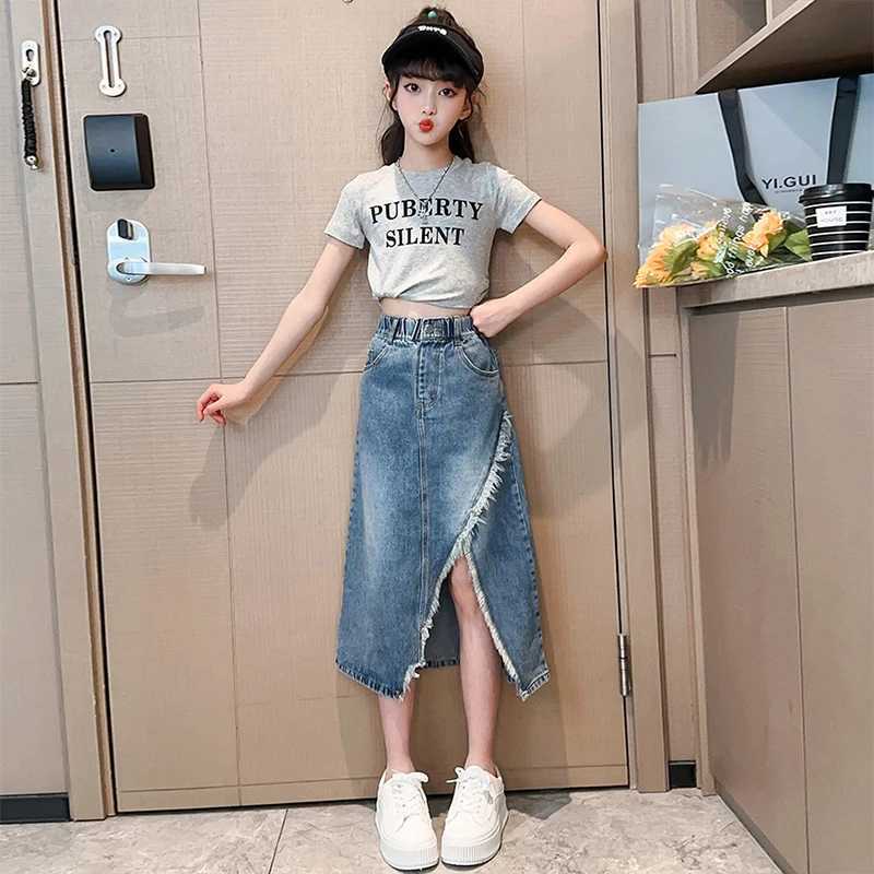 5 6 7 8 9 10 11 12 13 Year Teen Girls Denim Skirt New Fashion Korean Version Split Long Skirt Children Clothing Birthday Present H260407