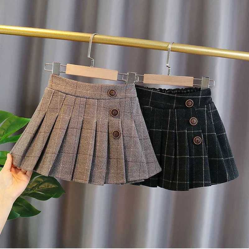Kids Girls Pleated Skirts Woolen Plaid Skirts 2024 New Arrival Children Princess Coffee Black Skirts School Wear Clothes 3-16Y H260407