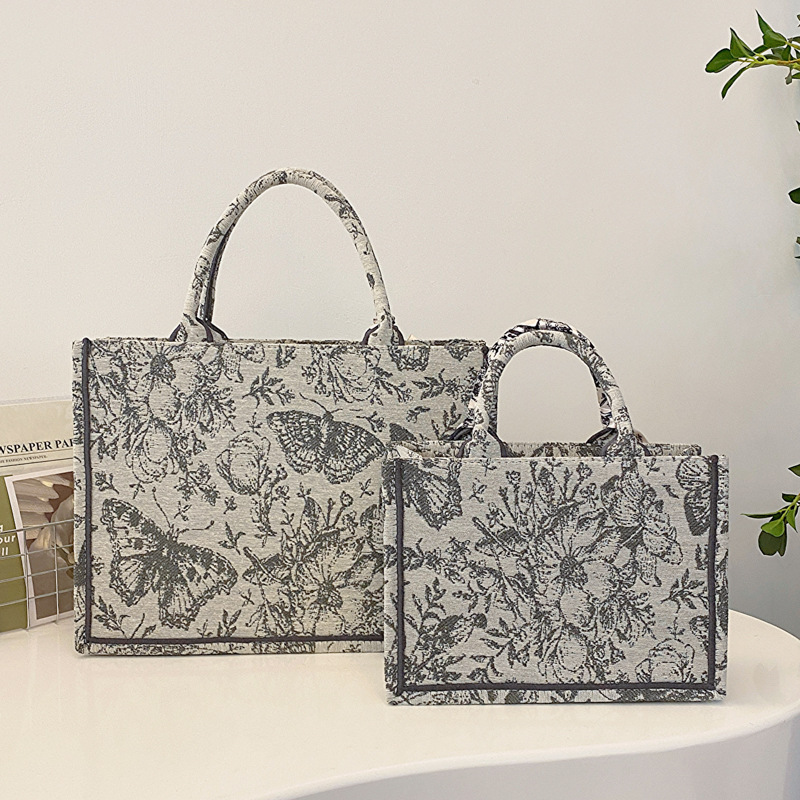 Vintage Butterfly Floral Print Canvas Tote Bag Set for Women Large & Mini Handbag, Retro Luxury Everyday Tote