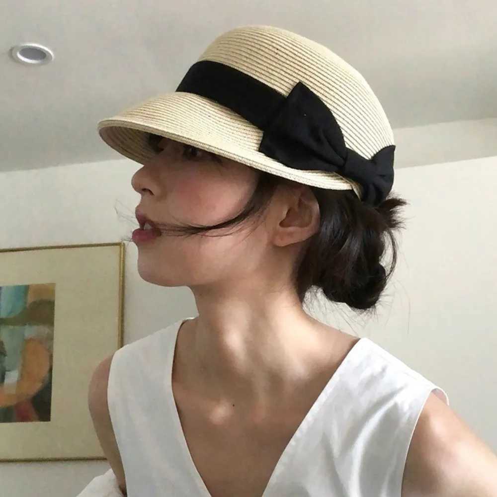 Elegant Grass Woven Duckbill Hat Bow Shaped Sun Protection Shading Cap Anti-UV Sunscreen Visor Hat Summer H260407