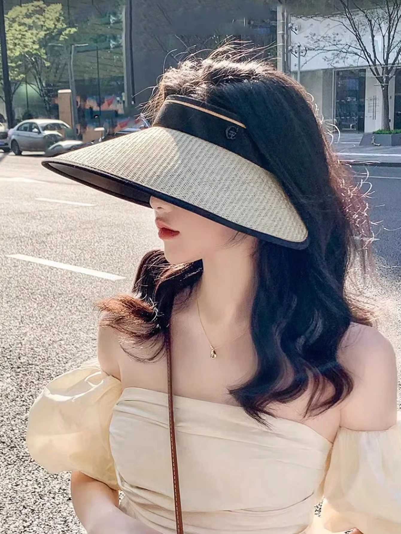 Summer new sunshade and sun protection empty top hat for female cyclists foldable straw woven hat for outdoor travel H260407