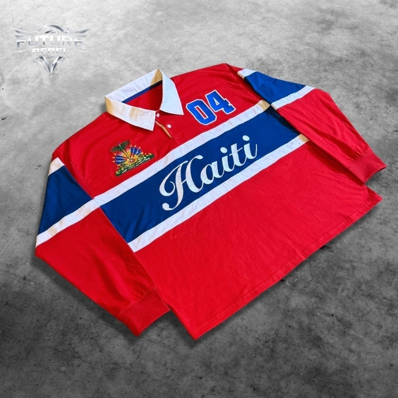 Mens Polo Shirt Harajuku Y2K Streetwear Striped Contrast Rugby Polo Long Sleeve Haiti Embroidery Loose Fit Casual Unisex Fashion 260326