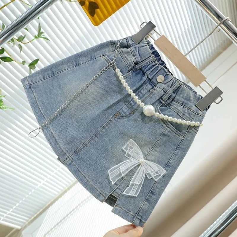 Girls Denim Skort 2026 Summer Kids Short Pants Cute Sweet Style Fake Two Piece Design Comfortable Stretch Casual Versatile H260407
