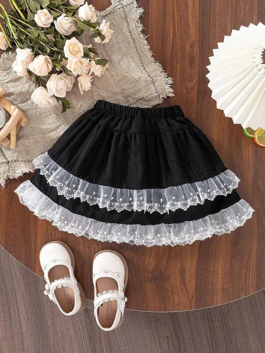 White Tiered Lace Skirt for Girls Sweet Ruffled Design with Elastic Waist H260407