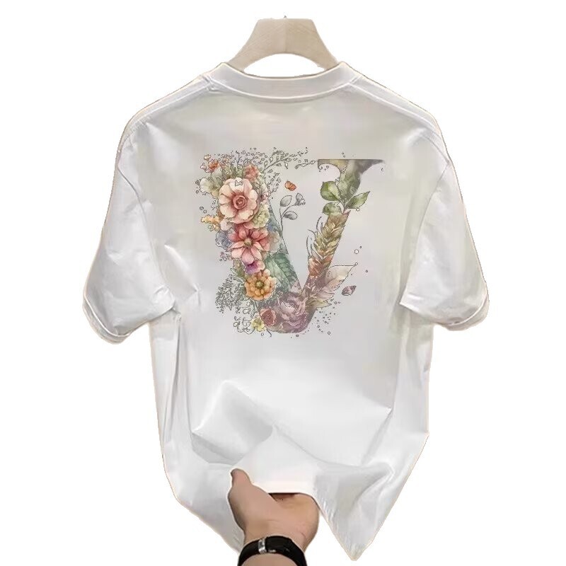 Luxury Designer Men's Casual Sportswear Floral V Graphic Print Cotton Oversized T-shirt High-end Street Fashion Breathable Summer Activewear