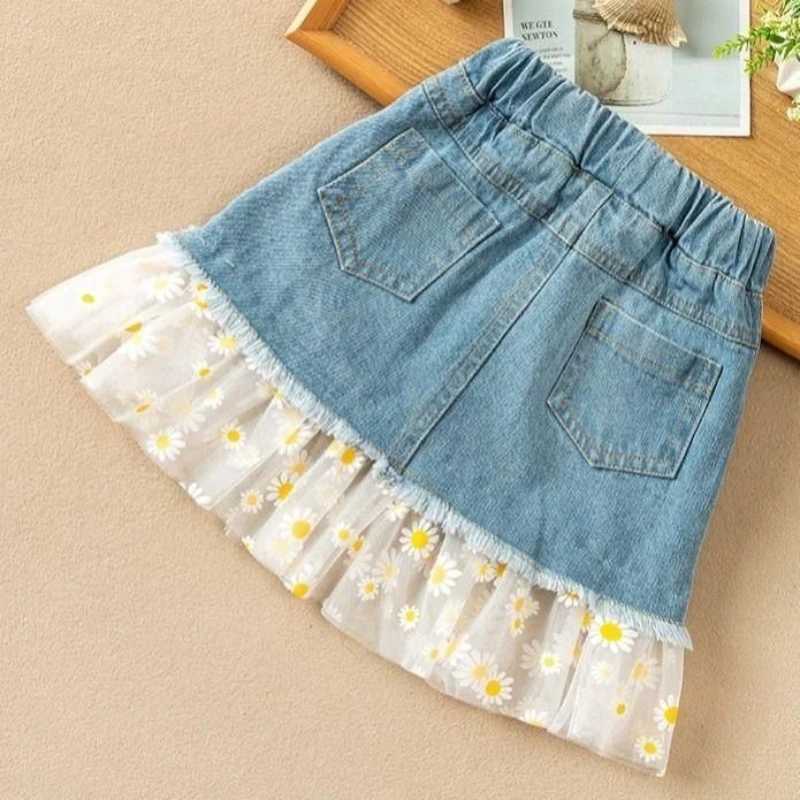 Girls Denim Mini Skirt Kids Summer Outfit with Floral Mesh Overlay Casual A Line Short Skirt for Girls 2026 New Arrival H260407