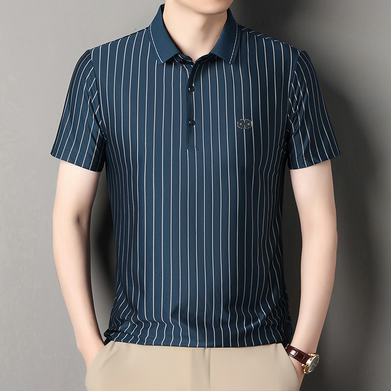 Luxury Designer Men's Short Sleeve Polo Shirt Premium Vertical Stripe Pattern High-end Business Casual Top Embroidery Detail Elegant Craft For Ge