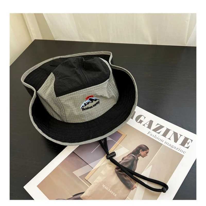 Japanese Color-blocked Bucket Hat Spring and Summer Outdoor Shade Windproof Lace-up Quick-drying Hiking Cap for Men and Women H260407