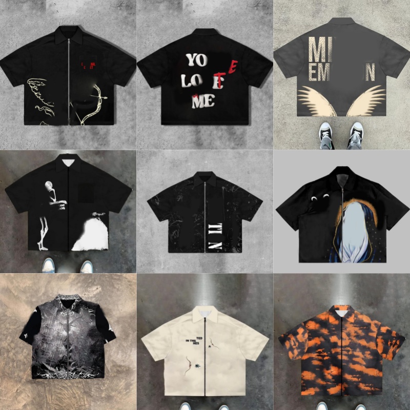 Men's Fashion Shirt Print Zip-Up Short Sleeve Shirts Vintage Streetwear Oversized Bowling shirt Casual Loose Fit Button Up Top