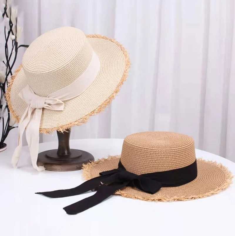 New Summer Sun Protection Woven WomenS Straw Hat Bow Tie Elegant Beach Hat Large Brim Sun Hat For Vacation H260407