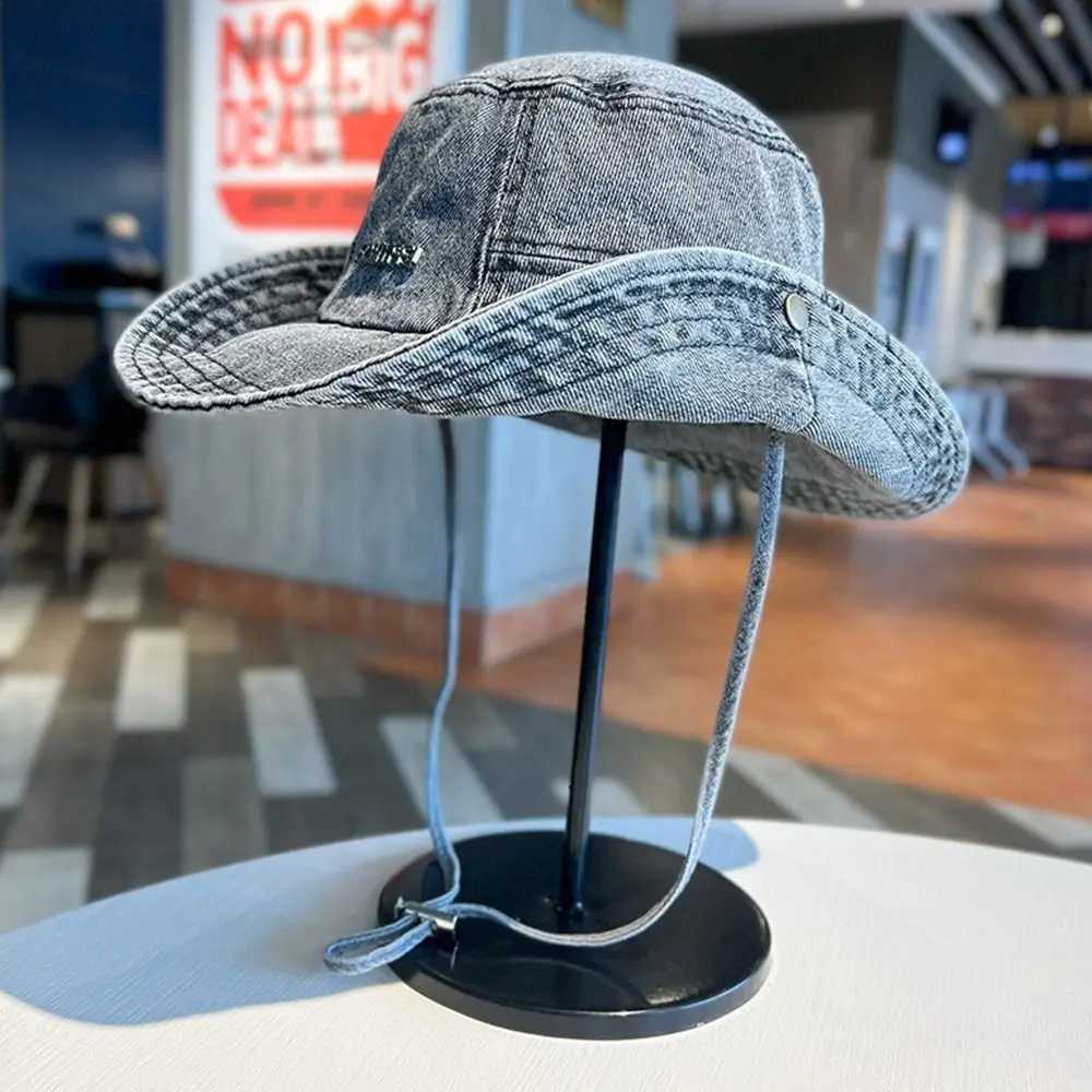 Portable Sun Protection Denim Cloth Bucket Hat Anti-UV Breathable Fisherman Cap Casual Retro Mountaineering Caps Fishing H260407