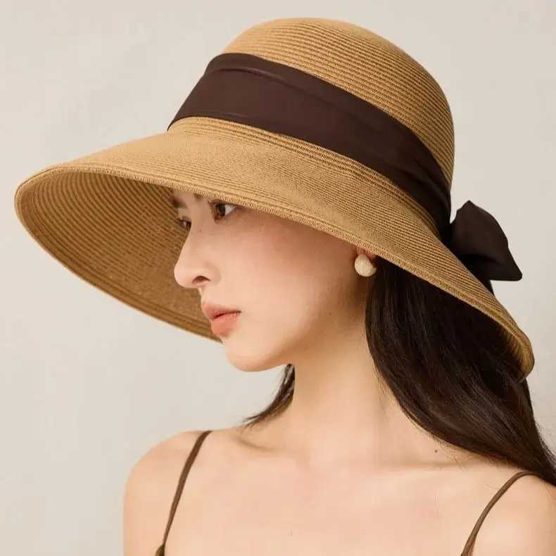 Summer Wide-Brimmed Sun Hat with Bow Ribbon Holiday Outing Sun Protection Straw Fishermans Hat H260407