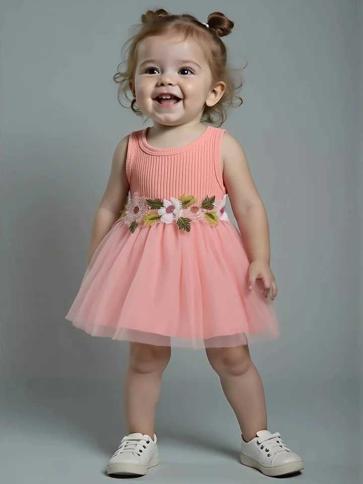 Soft Pink Knit Sleeveless Dress - 3D Flower Accent Tulle Skirt Girls Sweet Princess Outfit H260407