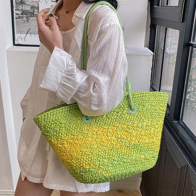 Gradient Color Straw Underarm Shoulder BagSummer Beach Vacation Travel Tote BagGrass Woven HandbagShopper Boho Market Basket 260407