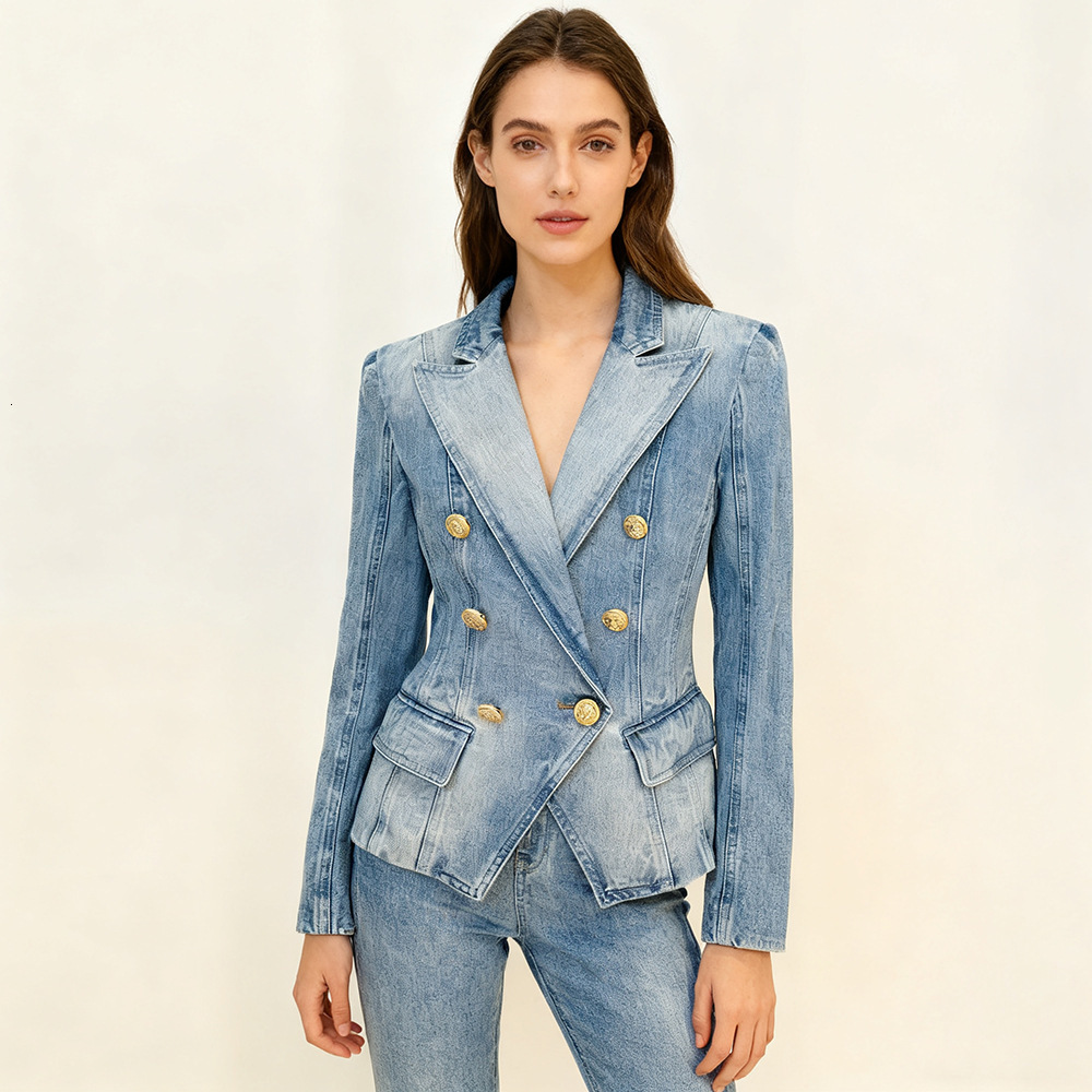 Chic Women Double Breasted Slim Waist Demin Blazers Coat Spring Cowboy Cardigan OL Turn-down Collar Jeans Jacket Outwear Tops 240321