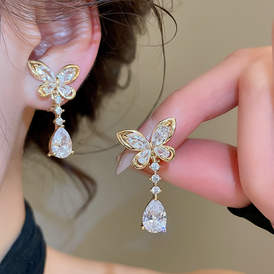14k real gold plated zircon butterfly water drop ear clip 2026 new popular light luxury high-end women's earrings - view 4