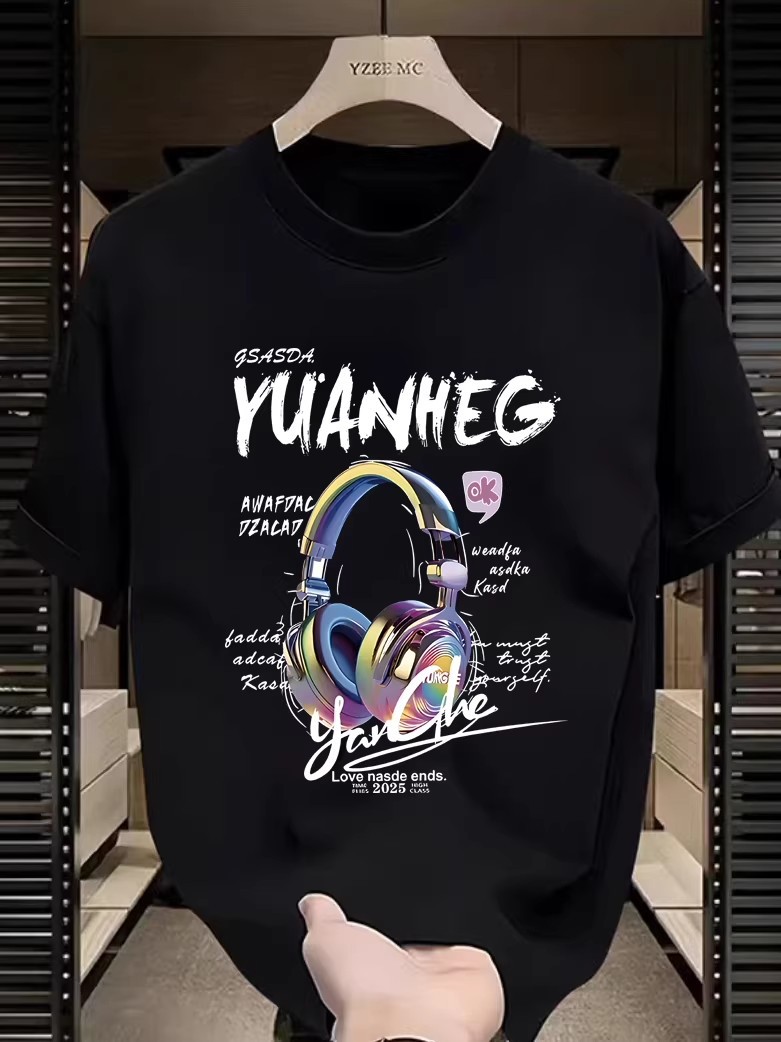 American High-Street INS Trendy Tees | Summer Headphone Print Heavyweight Cotton Men's Loose Crew Neck Tops