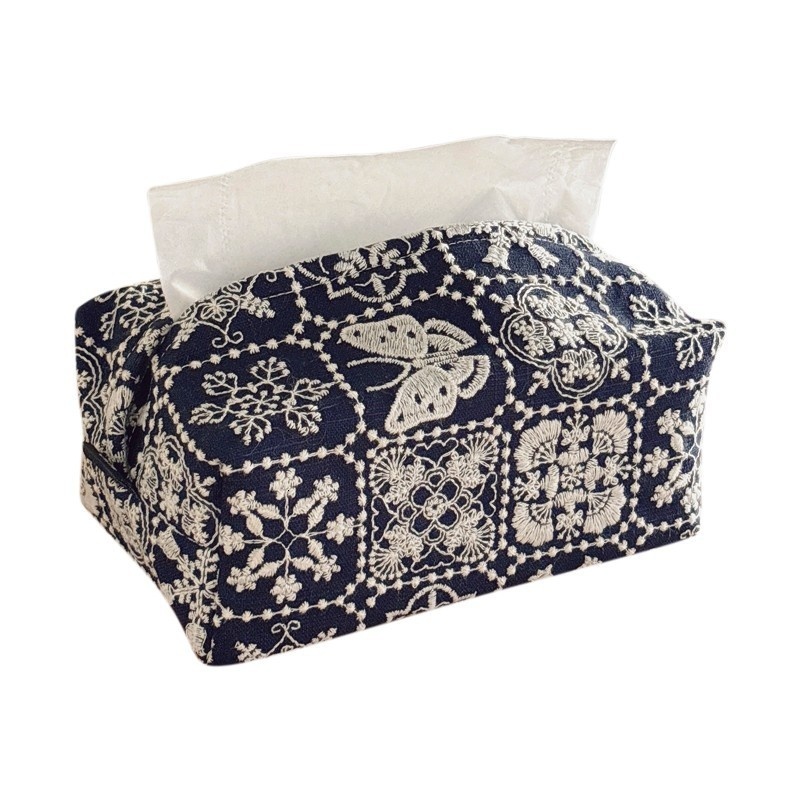 Tissue Box Cover Ins Embroidery High End Fabric Cotton Linen Desktop Tissue Dispenser For Home Bedroom Living Room Black White Flower Style