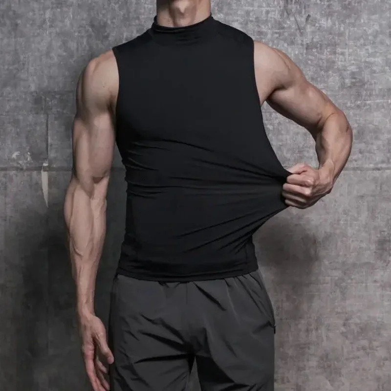 Mens Sleeveless Turtleneck Compression Shirt Man Quick Dry Workout Fitness Gym Tank Top Base Layer Bodybuilding Running Vest 260407