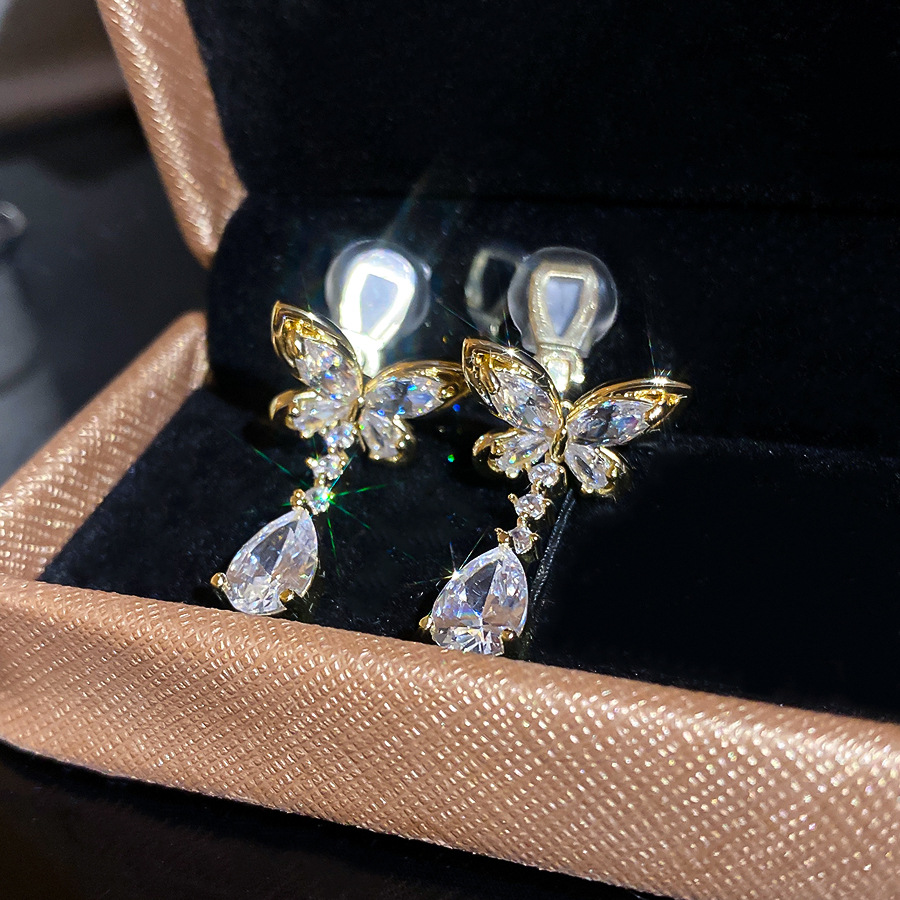 14k real gold plated zircon butterfly water drop ear clip 2026 new popular light luxury high-end women's earrings - view 6