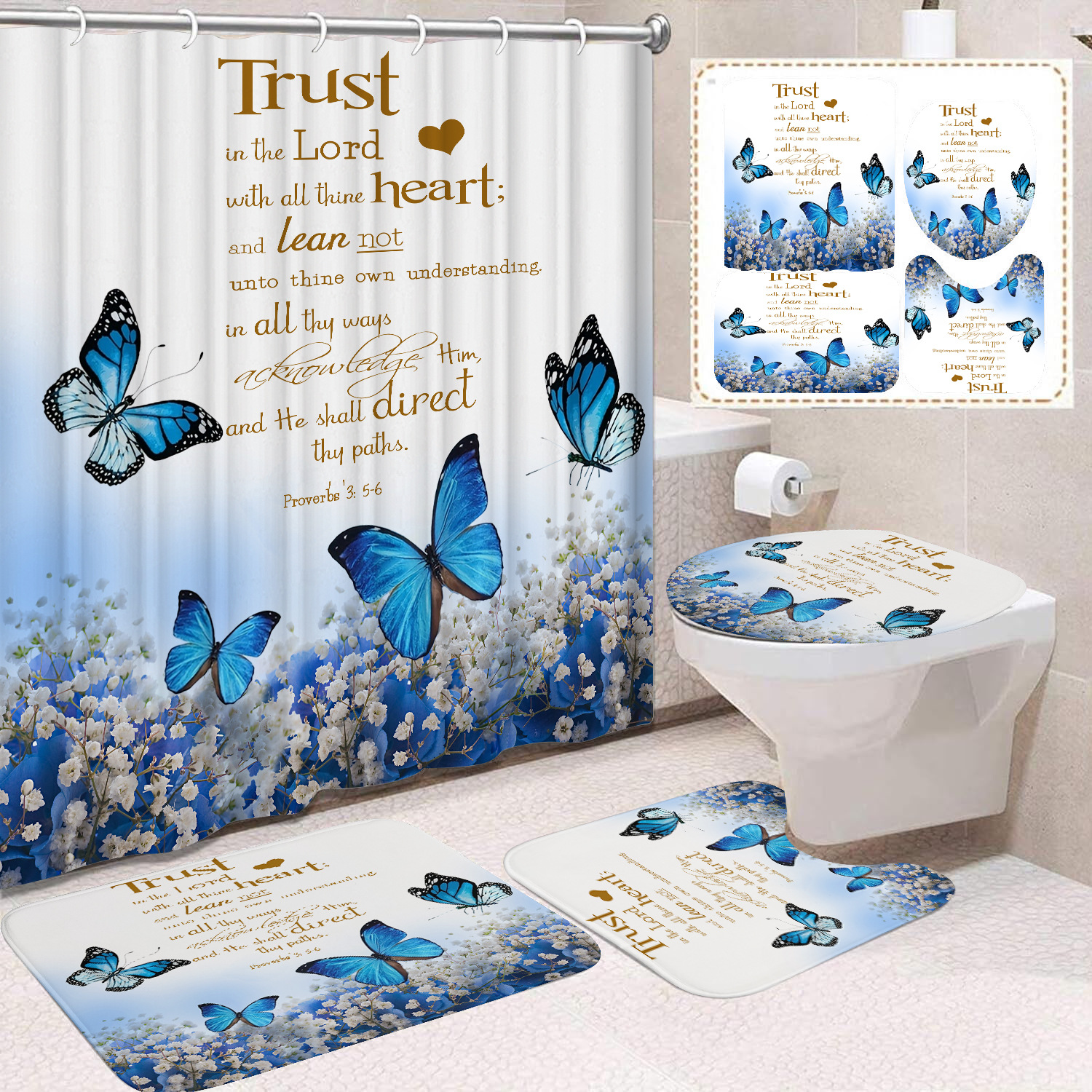 YL-38459 Home Decor Pink Butterfly and Flower Waterproof Shower Curtain Set (4 Pieces)